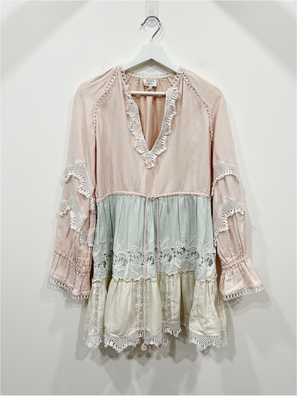 Hemant & Nandita Boho Lace Mini Dress XS Pink Blue Embroidered Tunic - Picture 2 of 15